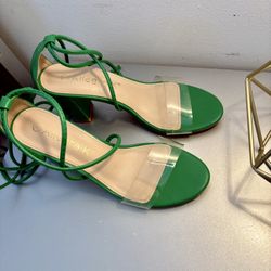 Allegra K Women's Clear Strap Chunky Block Heel Lace Up Sandals Size 7 In Green