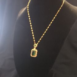 Beautiful Green Jeweled Gem 18k Gold Plated Stainless Steel Necklace 16+2 Length 