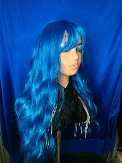 Long Blue highlights royal blue Wavy Wig with Bangs 26" synthetic hair wig