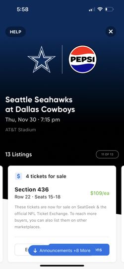 Many Great Tickets And Parking For Seattle Seahawks @ Dallas Cowboys Thursday Night