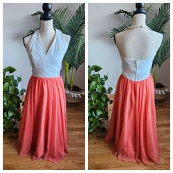vintage v neck halter top off white with salmon pink chiffon bottom size 8 dress 