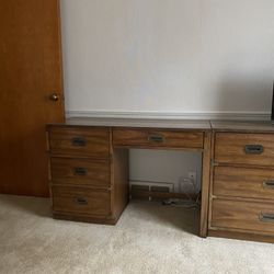 3 Pc Mid Century Modern Bedroom Set , Med. Brown W/brushed Bronze Hardware