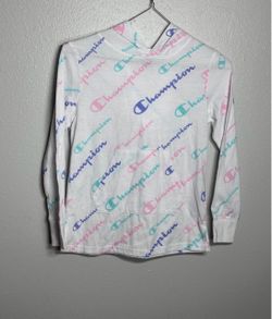 Champion Girl’s White Long Sleeve Top with Pink, Purple & Blue Logo Print-YL