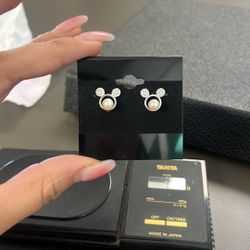 Mickey Mouse Ears Pearl Earrings Silver