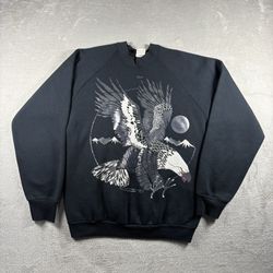 Vintage Eagle Bird Crewneck Sweatshirt Mens L Black Metallic Grunge USA 80s#1037