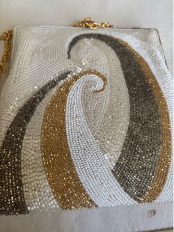 Vintage Walborg Beaded Evening Bag Clutch White Gold Silver Pattern Mirror