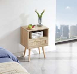 Rattan Nightstand with Power Outlet & USB Ports,