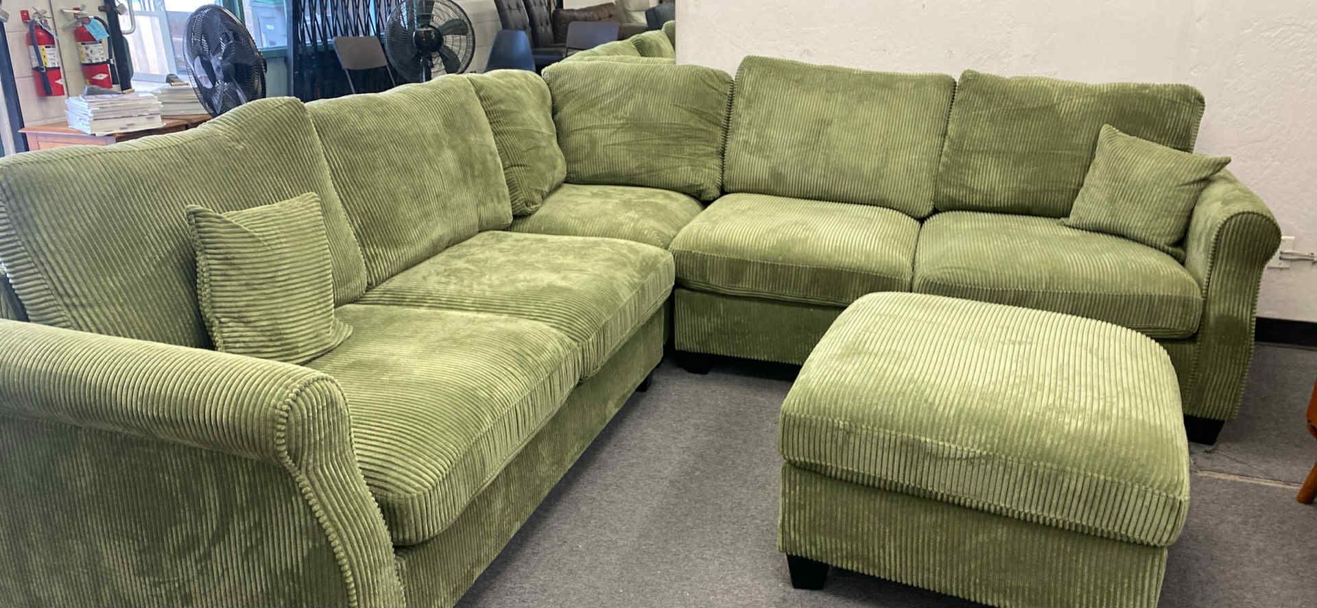 New 99x99 Sage Corduroy Sectional Couch With Ottoman / Free Delivery