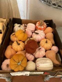 Boxes Of Small And Medium Pumpkins Painted White Pink And Peach. Used To Decorate A Baby Shower