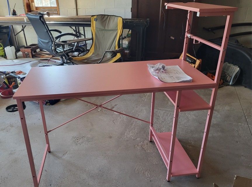 Computer Gaming Desk Table 4 Shelves Storage RGB LED Lights and Hooks Pink
