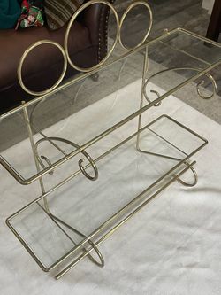 Vintage gold-toned wire tiered wall shelf with decorative rings & glass shelves 20.25”x 8” x 18.35”