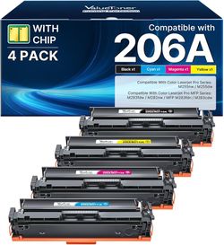 Compatible ValueToner 206A toner cartridge set includes one black, one cyan, one magenta, and one yellow cartridge. Each cartridge is equipped with a 