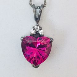 QVC Hot Pink Heart CZ DQ  Sterling Silver 3 Clear Stones 18” Chain