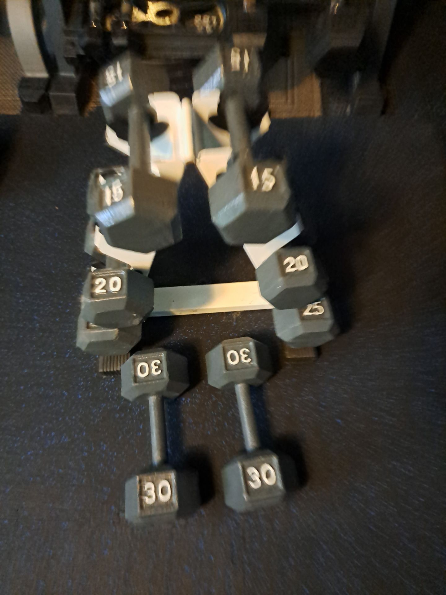 Hex Dumbbell Set (15s, 20s, 25s, 30s) + Rack – Clean & Ready