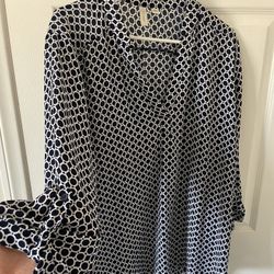 Women’s Plus Size 2X Navy White Long Sleeve Lightweight Blouse