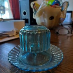 Blue Azure Glass Forte Crisa Mexico Ribbed 1 Cup Saucer Signed Turquoise 