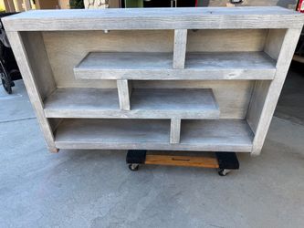 Gray Wood TV Stand/Bookcase with Staggered Shelves