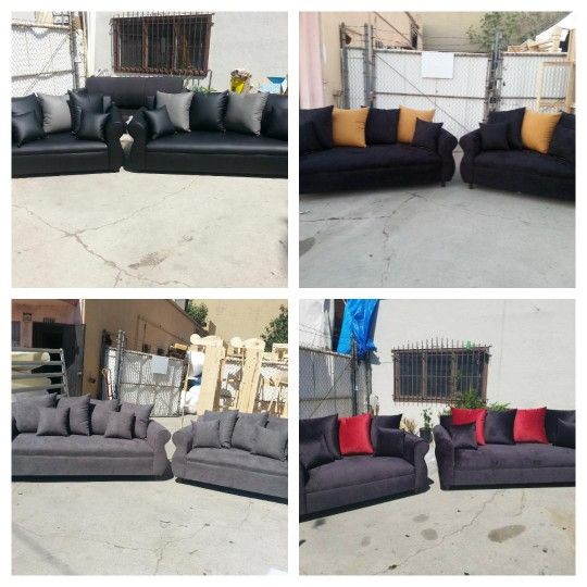 BRAND NEW COUCHES, BLACK LEATHER. CHARCOAL, BLACK W RED AND BLACK WITH MARIGOLD FABRIC COUCH And Loveseat Set / More Color Available