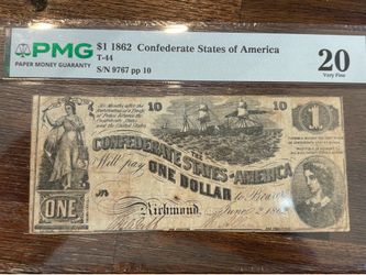 1862 $1 Confederate Note PMG 20 – Civil War – Pinholes