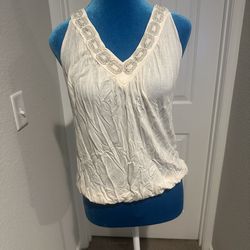 Women’s Small White V-Neck Tank Top – Rhinestone/Beaded Trim, Elastic Hem (Dressy Summer Blouse)