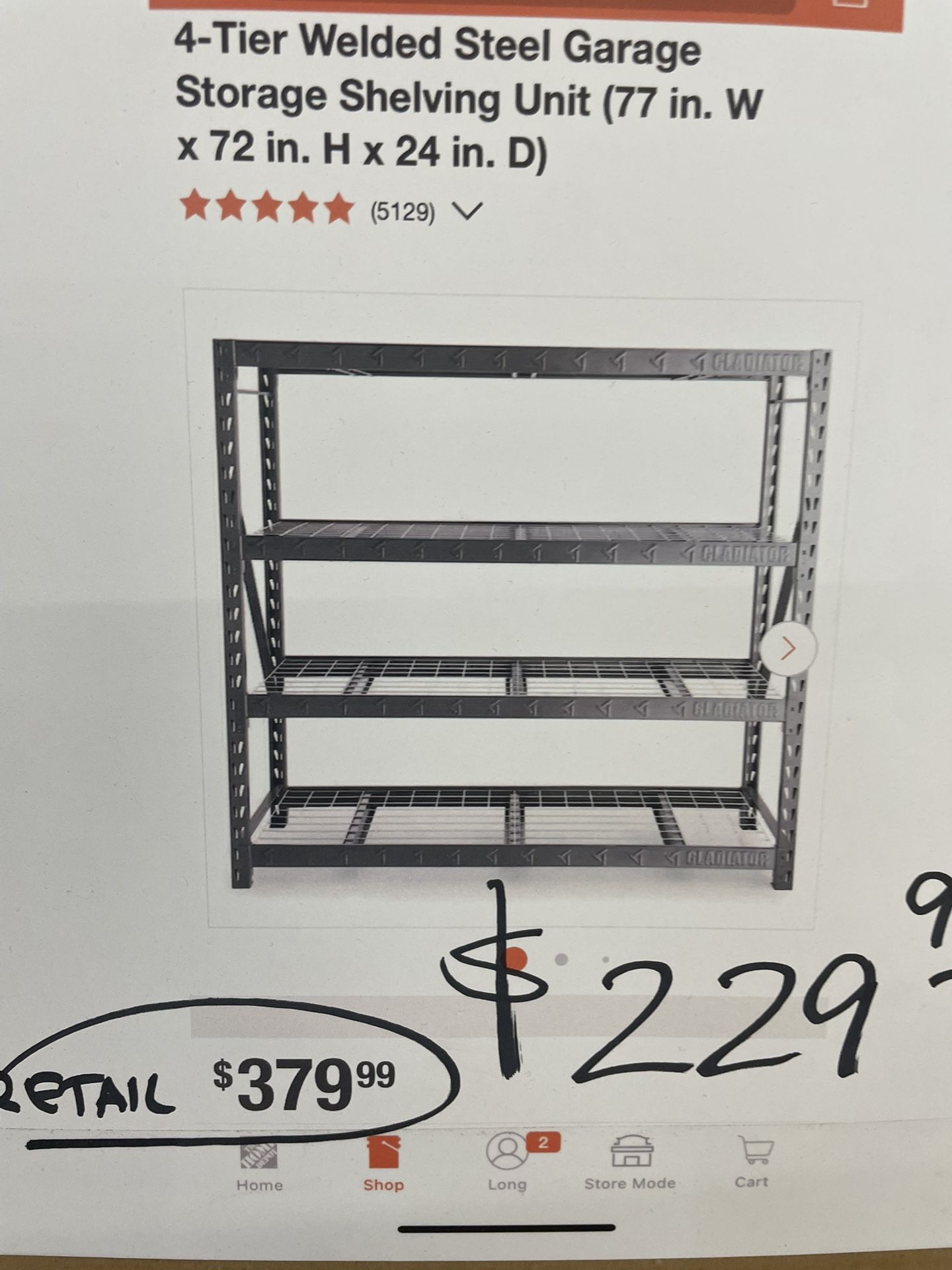 2 NEW GLADIATOR 4-Tier Welded Steel Garage Storage Shelving Unit (77 in. W x 72 in. H x 24 in. D) NEW in box  200$ each  Pick up Phoenix 43rd ave and 