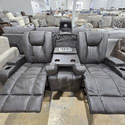 Reclining Sofa w/ Drop-Down Table, Cup Holders  &  Reading Light