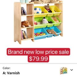 4-Tier Kids' Toy Storage Organizer Shelf - 100% Solid Wood,Children's Storage Cabinet with 9 Plastic Bins and 3 Storage Ports