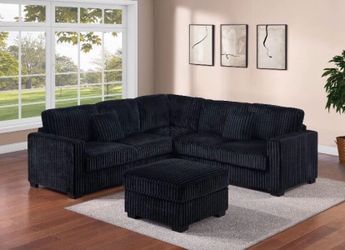 Black Onyx Plush Corduroy Sectional with ottoman and accent pillows 99x99 pick up can deliver