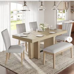 Inman 6-Piece Natural Plus Beige Extendable Wood Top Dining Table Set with Bench and Linen Upholstered Chairs
