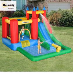 Outsunny 6-in-1 Kids Bounce House Inflatable Water Slide with Pool, Water Cannon, Climbing Wall, Inflator Included, Jumping Castle Kids Backyard Activ