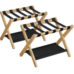 Luggage Rack, Set of 2, Folding Suitcase Stand with Storage Shelf, for Guest Room, Hotel, Bedroom, Heavy-Duty, Holds up to 131 lb, Natural Beige URLR0