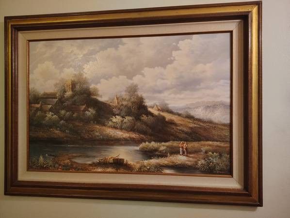 45×33 Senior Couple Boat Fishing VTG Lake Landscape Painting Signed J. Gerard