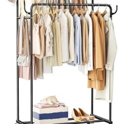 Clothes Rack, Rolling Clothing Rack with Double Rods for Hanging Clothes, Portable Garment Rack with Wheels, Metal Wardrobe Closet Organizer for Bedro
