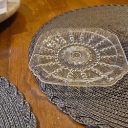 Vintage fosteria, american three footed candy dish and colombia.Clear glass breadplait