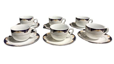 Porcelain 12 piece tea/coffee cup & saucer set blue/gold