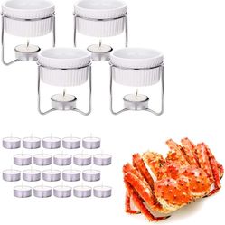 Luvan 4 Pieces Butter Warmers,Butter Warmers For Seafood with 20 Pieces Tealight Candles,Ceramic Butter Warmer Set for Chocolate or Cheese,Fondue- Dis
