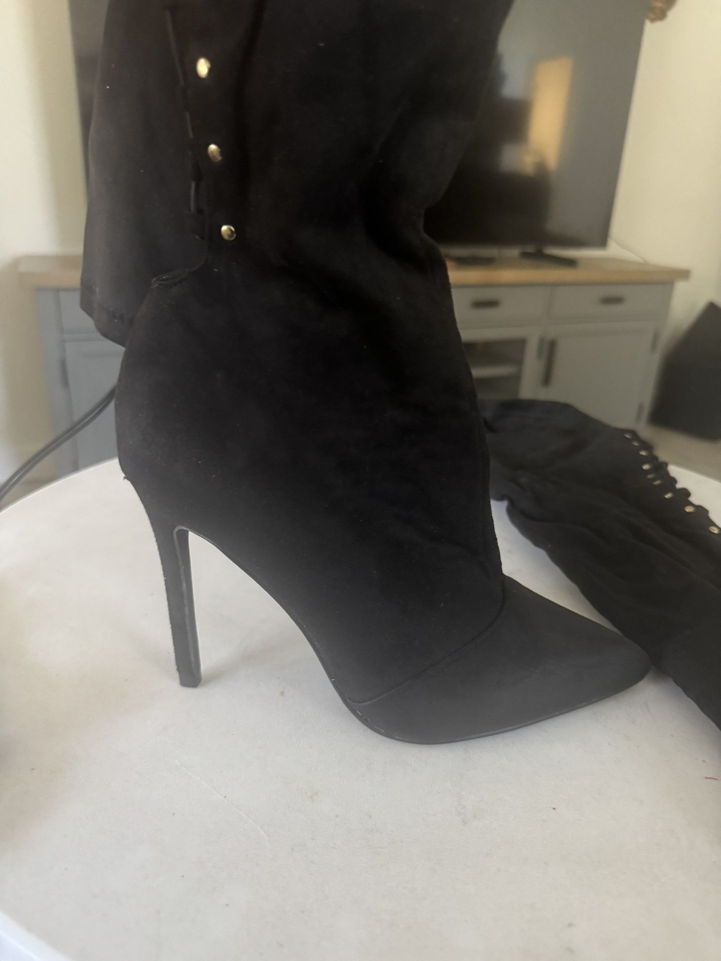 CAMSSOO Women's Thigh High Boots Faux Suede Elasticity Heels Over The Knee Boots Side Zip Pointed Toe Fashion Sexy Winter Stiletto Knee High Boots