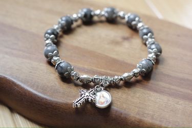 Rosary Bracelet, Gray Natural Stones and Silver Plated beads, All sizes