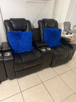 Black Leather Reclining Sofa with Cup Holders