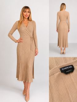bebe Taupe Wrap Ribbed Long Sleeve Midi Dress