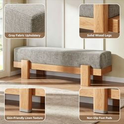 Farmhouse Gray Upholstered Entryway Bench, Solid Wood Leg Padded Shoe Bench for Hallway