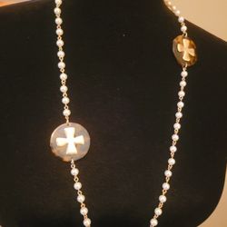 Pearl Cross Pendant Rosary Beads Necklace.