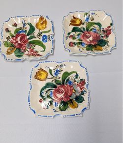 Set of 3 Hand-Painted Floral Ceramic Dishes