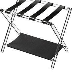 Sumerflos Acrylic Luggage Rack with Black Leather Straps & Cloth Storage Shelf for Guest Room - Foldable Clear Fancy Suitcase Stand for Bedroom, Hotel