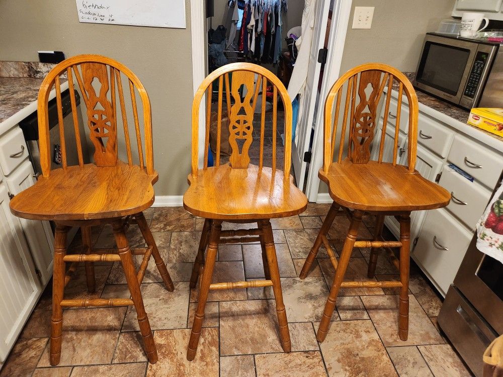 3 Solid Oak Tall Swivel Barstools