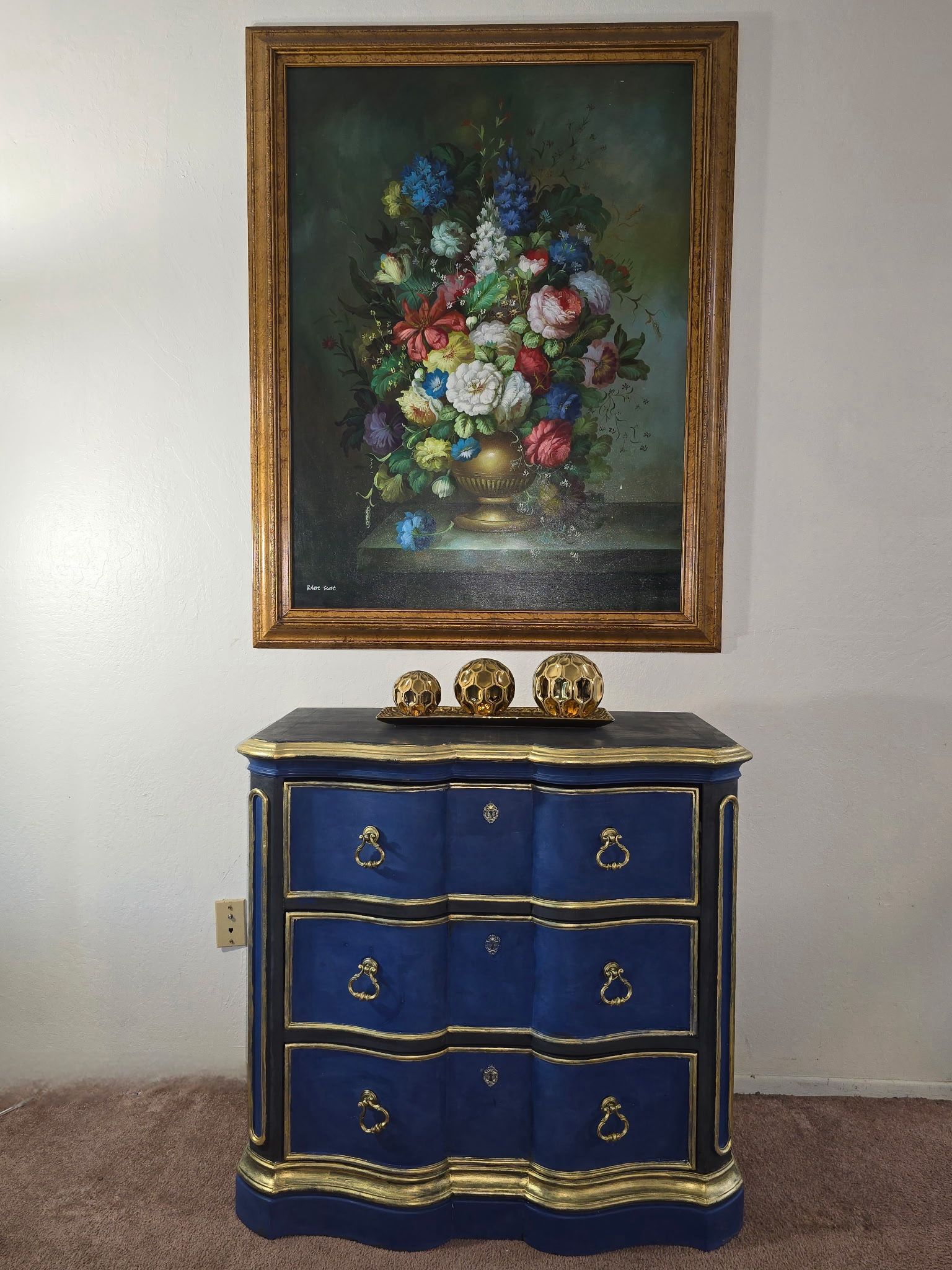 Hand-Painted Victorian Dresser: Rustic Blue & Gold Accent Desk
