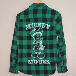 Disney Parks Mickey Mouse Green Christmas Flannel Shirt 