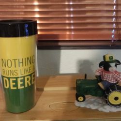 John Deere Cow On A Tractor Figurine & Cup