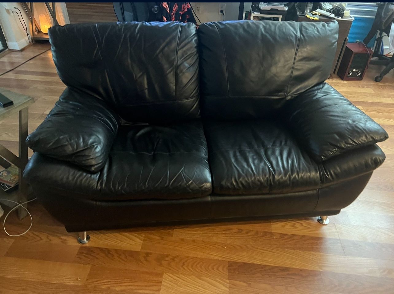 Black Leather Loveseat Sofa With 2 Foot Rests - Pembroke Pines Location