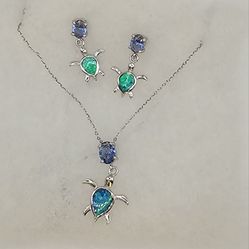Blue Turtle Necklace Set 925 Stamped Sterling Silver